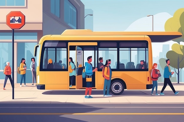 Passengers waiting for public transport at bus stop flat vector illustration Cartoon characters using auto