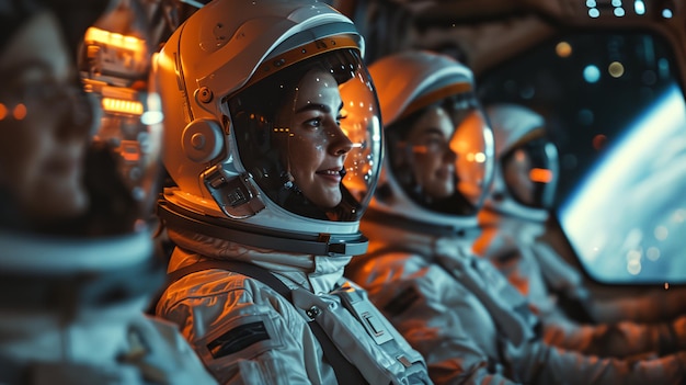사진 우주선 의 좌석 에 앉은 우주복 을 입은 승객 들 우주 여행 개념
