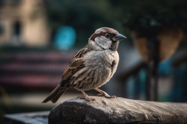 Passer domesticus a house sparrow perched atop a concrete fence