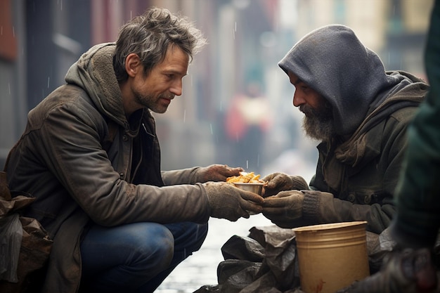 歩行者が地面に座っているホームレスの少年に食べ物をあげています