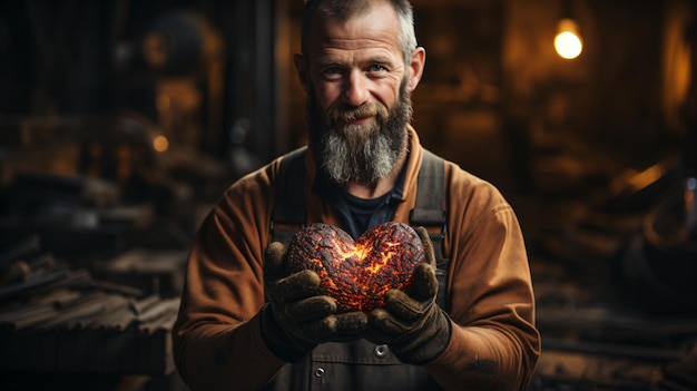 행동 에 대한 열정 노동자 의 손 은 직업 에 대한 헌신 을 상징 하는 심장 모양 을 이루고 있다