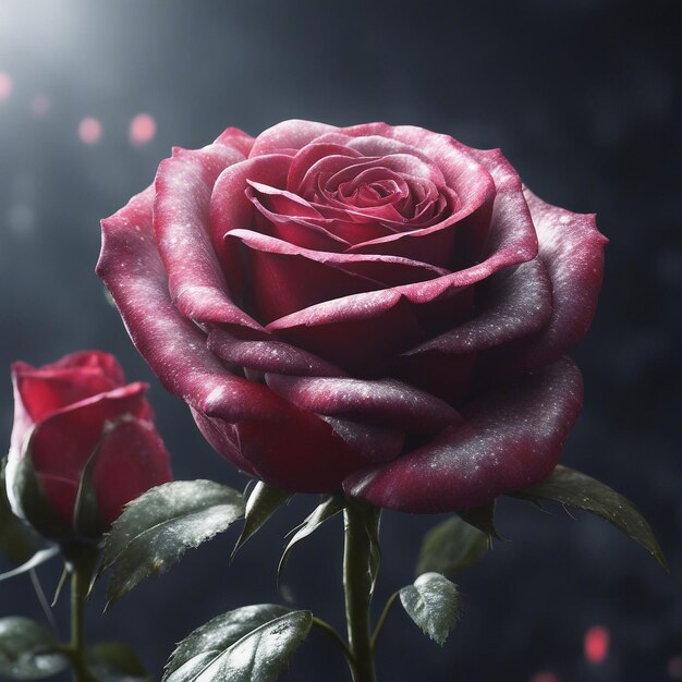 パッション・イン・ブルーム 魅力的な赤いバラとスパークリング・ウォーター・ドロップル 花の写真