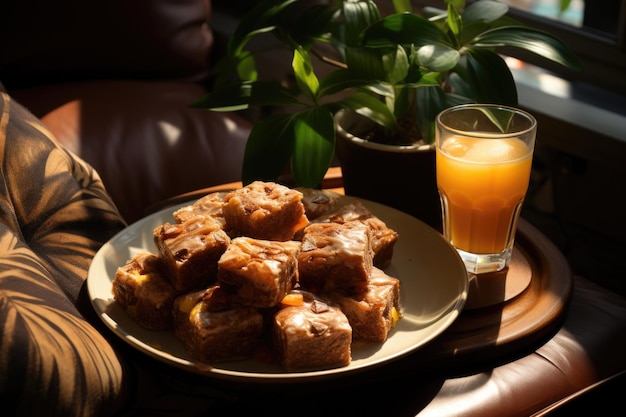 Passion fruit brownie in a cozy coffee with wicker chairs generative IA