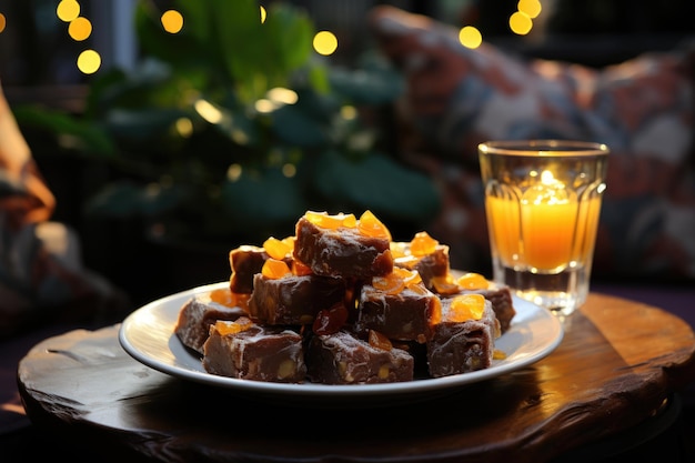 Passion fruit brownie in een gezellige koffie met rieten stoelen generatieve IA