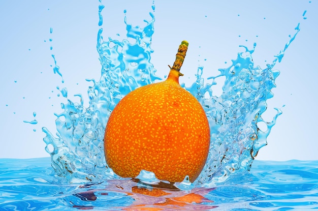 Passion fruit granadilla with water splashes 3D rendering