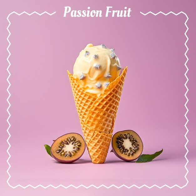 Passion fruit ice cream Ice cream cone on gradient color background Banner 3D illustration