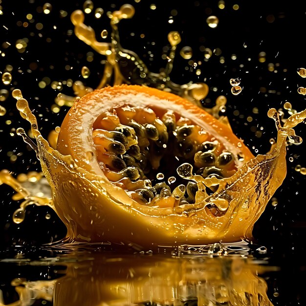 Photo passion fruit juice burst with orange seedy fluid a thick co texture effect for decor banner post