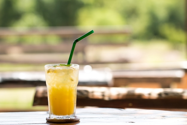 Passion fruit juice with ice in cafe restaurant