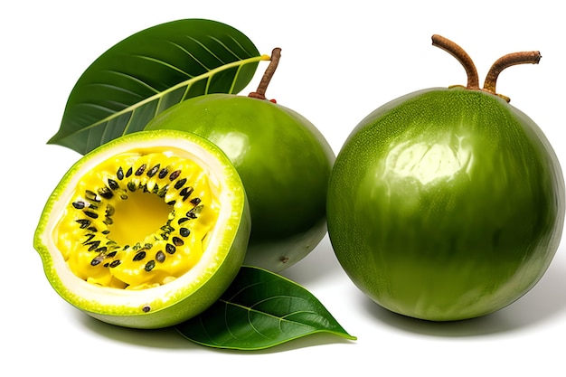 Passion fruit Maracuya with leaf isolated on white background Fresh organic passionfruit