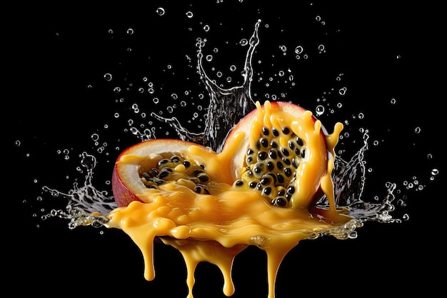 Passion Fruit Milks Splash On Black Background