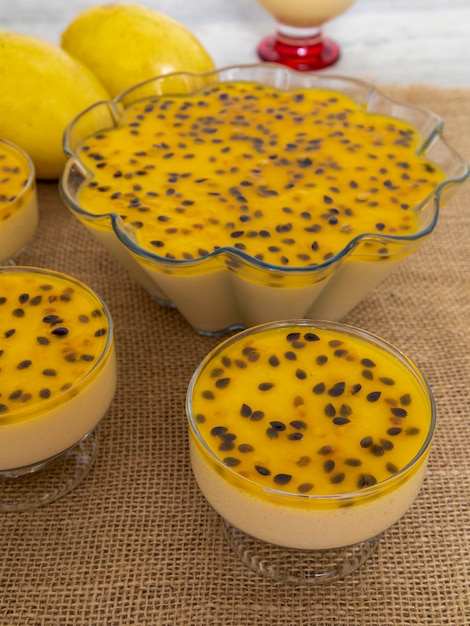 Passion fruit mousse served in bowl.