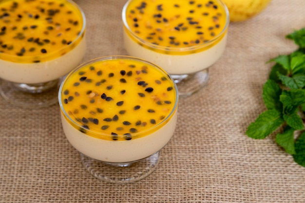 Passion fruit mousse served in bowl.