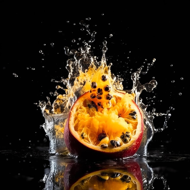 Passion fruit slice in the splash of water on isolated black background