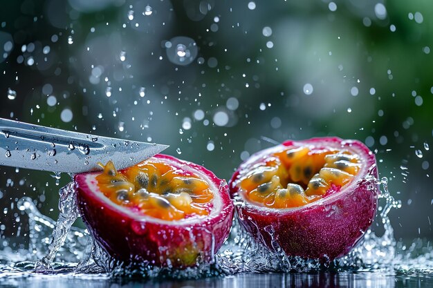 Foto passion fruit slices with knife and water drops and splashes on natural background