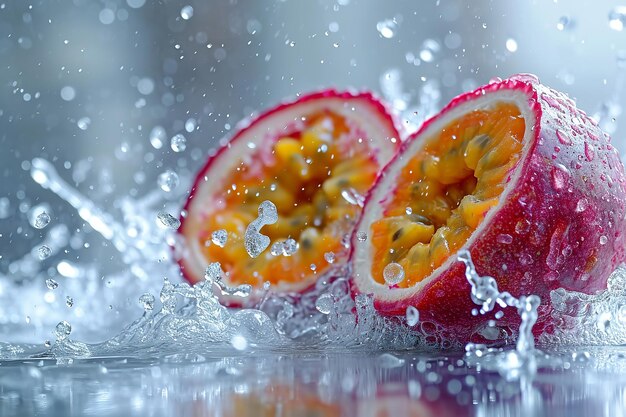 Photo passion fruit slices with knife and water drops and splashes on natural background