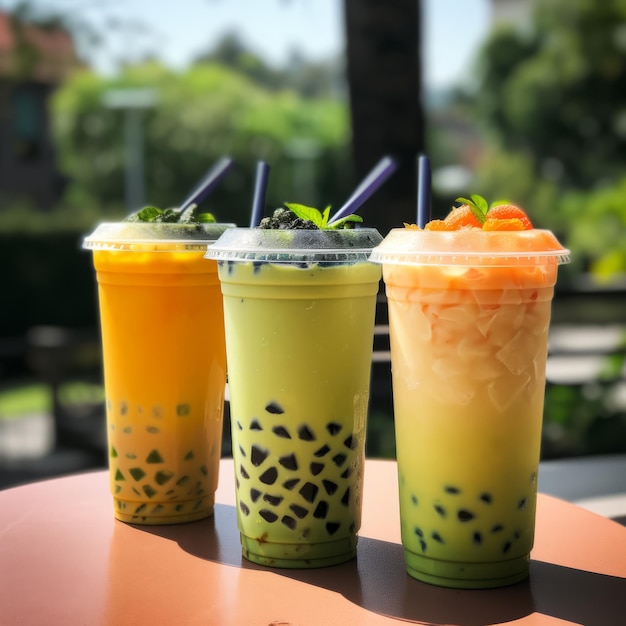 Passion fruit smoothie in plastic cups with straws on table