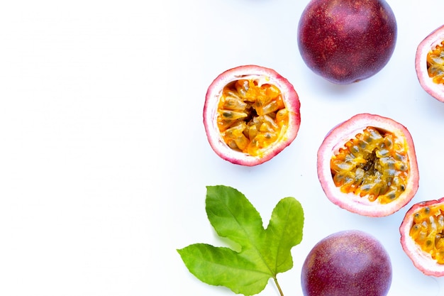 Passion fruit on white background.