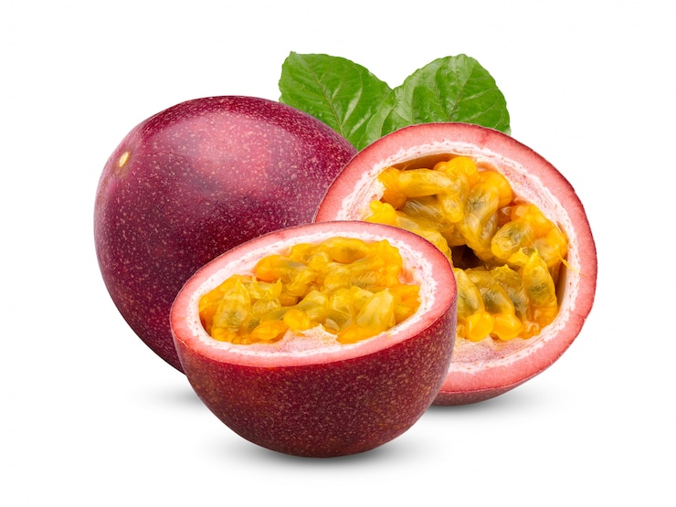 Photo passion fruit with leaves on white wall. 