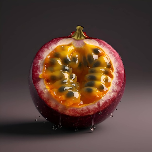 Passion fruit with water drops isolated on dark background 3d illustration