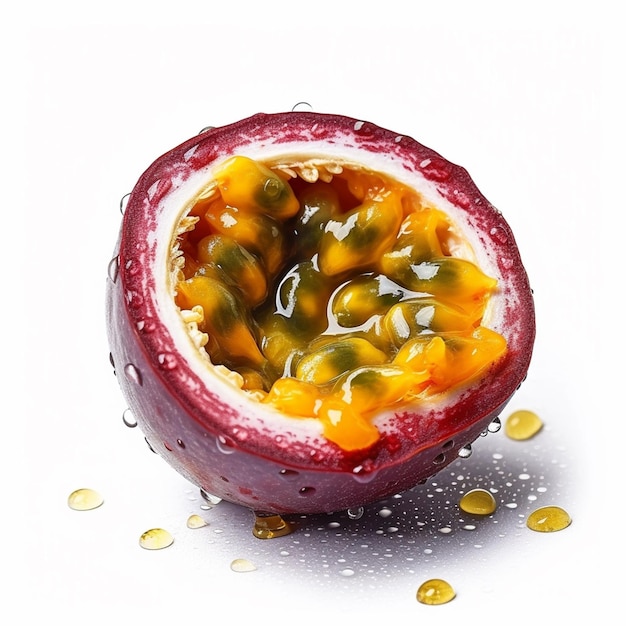 A passion fruit with yellow and red colors is on a white background.
