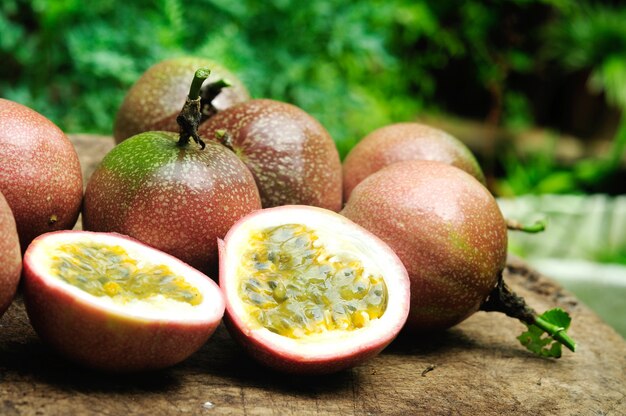 Passion fruit on wooden table.