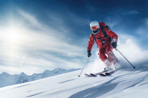 Passion for skiing against the backdrop of beautiful snowy mountains