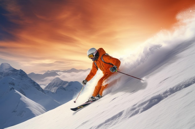 Passion for skiing against the backdrop of beautiful snowy mountains