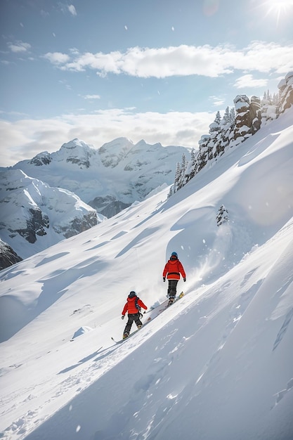 아름다운 눈  ⁇ 인 산을 배경으로 스키를 즐기는 열정