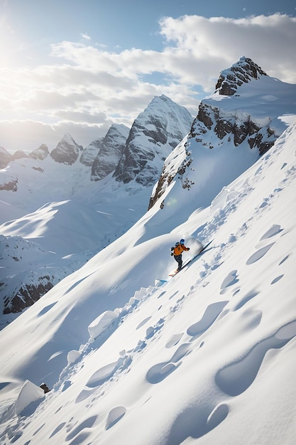 Passion for skiing against the backdrop of beautiful snowy mountains