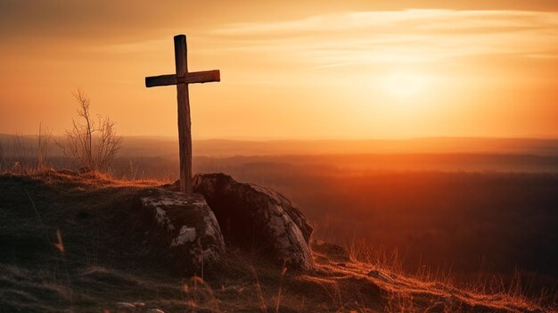 Passion Week cross on a hill symbolizing the sacrifice suffering death resurrection and passion of Jesus against a bright sunset light background Generative AI