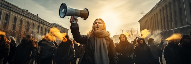 Photo passionate activist inspiring a group of demonstrators with megaphone during strike