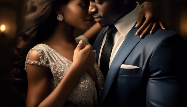 우아한 이브닝 드레스를 입고 사랑에 빠진 열정적인 아프리카 커플 손가락에 결혼반지를 끼고 있는 여성