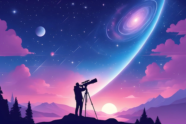 Страстный астроном, наблюдающий за далекими галактиками через мощный телескоп. Векторная плоская карикатура.
