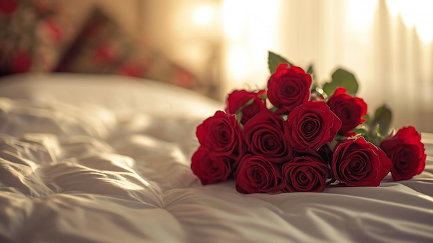 夢のベッドの上で情熱的に目覚める鮮やかなバラ