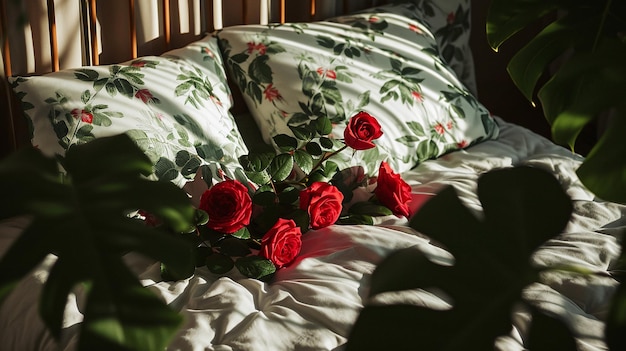 Photo passionate awakening vivid roses on a bed of dreams