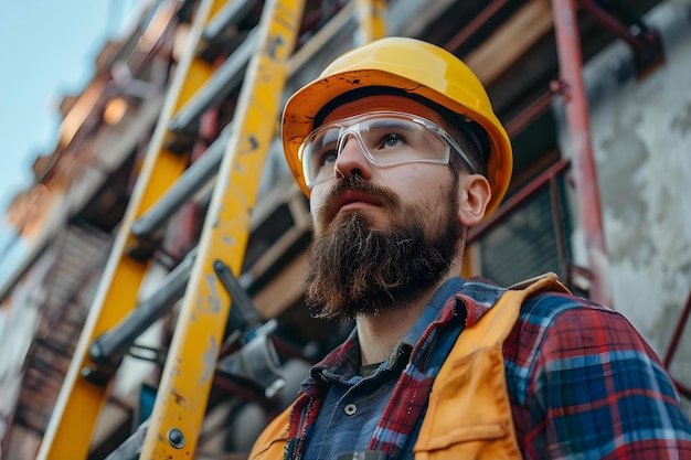 Passionate construction worker using a roller ladder on a job site also skilled craftsman and business owner Concept Construction Worker Roller Ladder Skilled Craftsman Business Owner Job Site