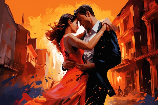 Passionate couple dancing tango on the street