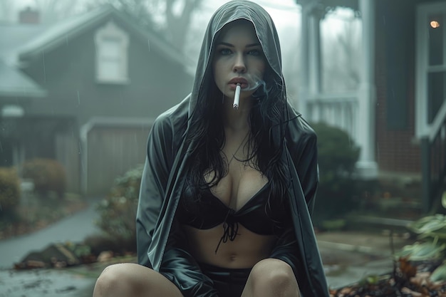 Photo passionate nun a singular portrayal with a defiant gaze cigarette in hand adorned in revealing attire challenging conventions embodying complexity within religious identity