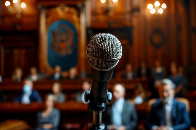 Photo passionate public defender presenting case in courtroom making powerful argument to judge