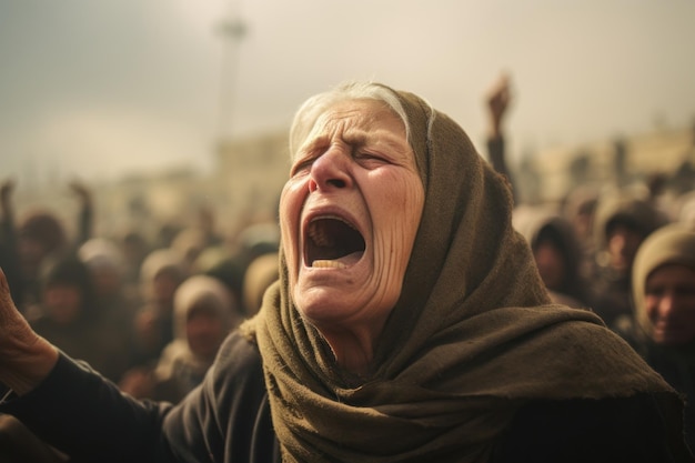 Страстная женщина в хиджабе протестует среди военных, символизирующих израильско-палестинский конфликт