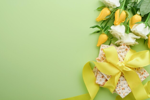 Passover celebration concept Matzah kosher red wine walnut and spring white and yellow rose flowers Traditional ritual Jewish bread on light green background Passover food Pesach Jewish holiday