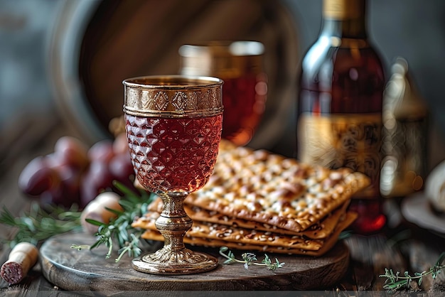 Photo passover celebration concept matzah red kosher in cup elijah on wooden table table