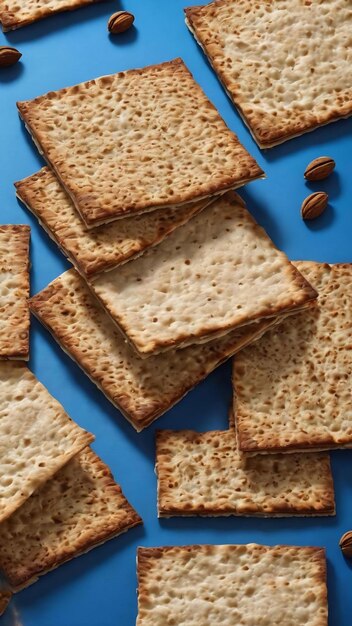 Passover celebration concept matzah red kosher and walnut traditional ritual jewish bread on blue ba