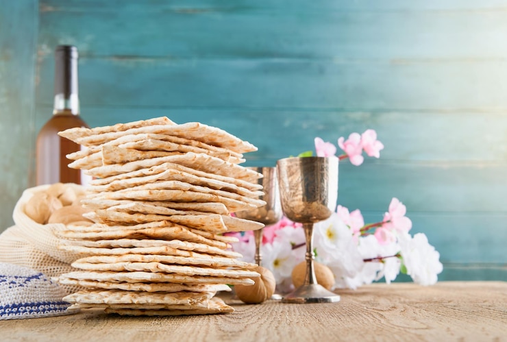 Photo passover celebration concept matzah red kosher and walnut on wooden vintage table in front of spring blossom tree garden and flowers landscape with sun rays with copy space mock up