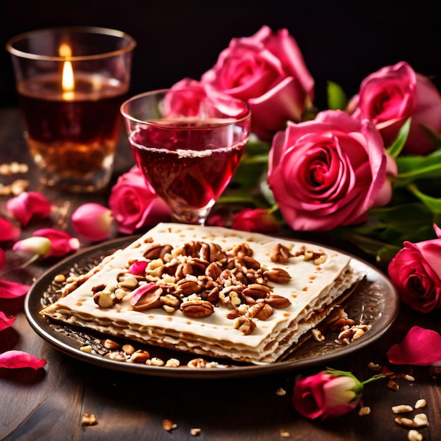 Passover celebration concept Matzah red kosher wine walnut and spring beautiful rose flowers