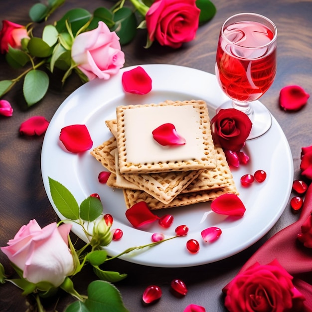 Passover celebration concept Matzah red kosher wine walnut and spring beautiful rose flowers