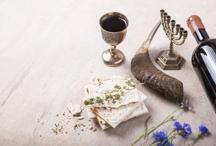 Passover,  matzah  and  Kosher red wine,shofar with copy space.