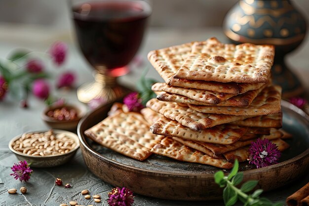 Photo passover matzos of celebration with matzo unleavened bread in a wooden tray