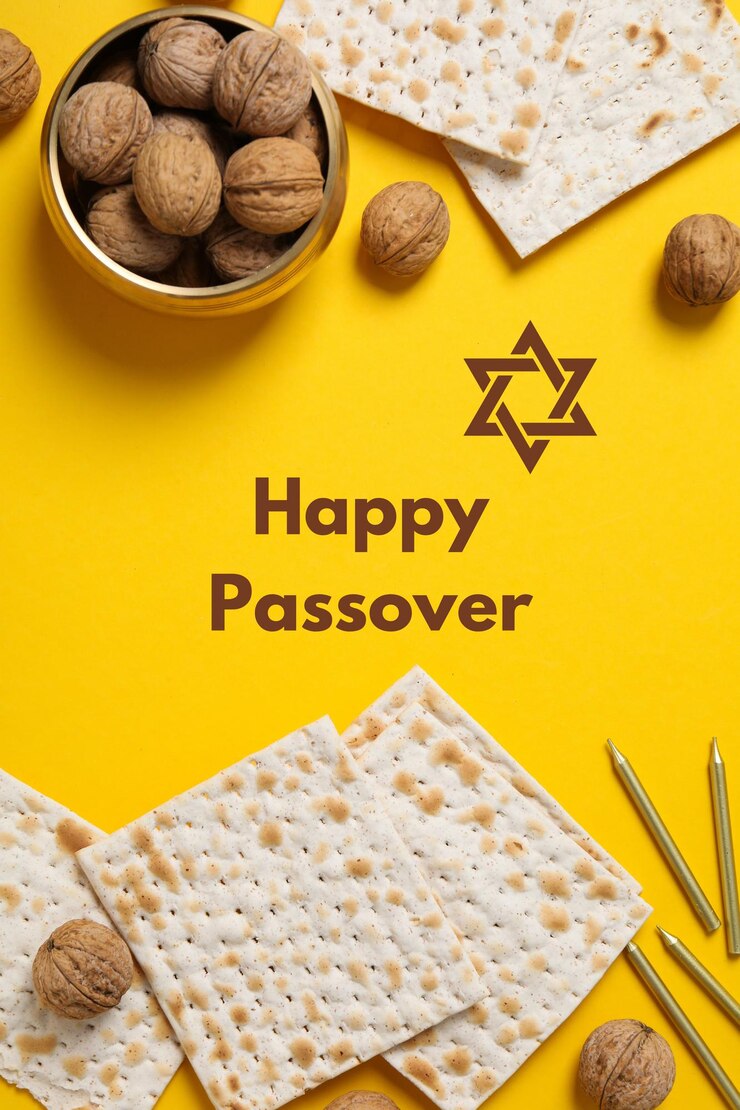 Passover nuts and matzah with candles with greeting text on a yellow background