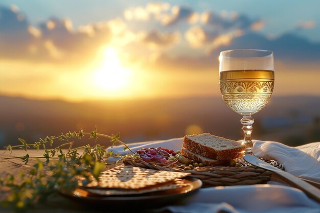 Passover Seder with wine and matzah Pesah celebration concept